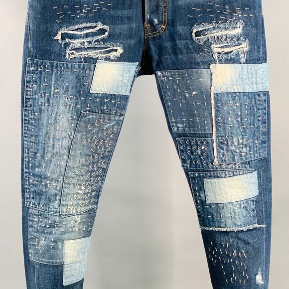 DSQUARED2 Size 32 Indigo Sashiko Distressed Denim Button Fly Jeans - Picture 2 of 6